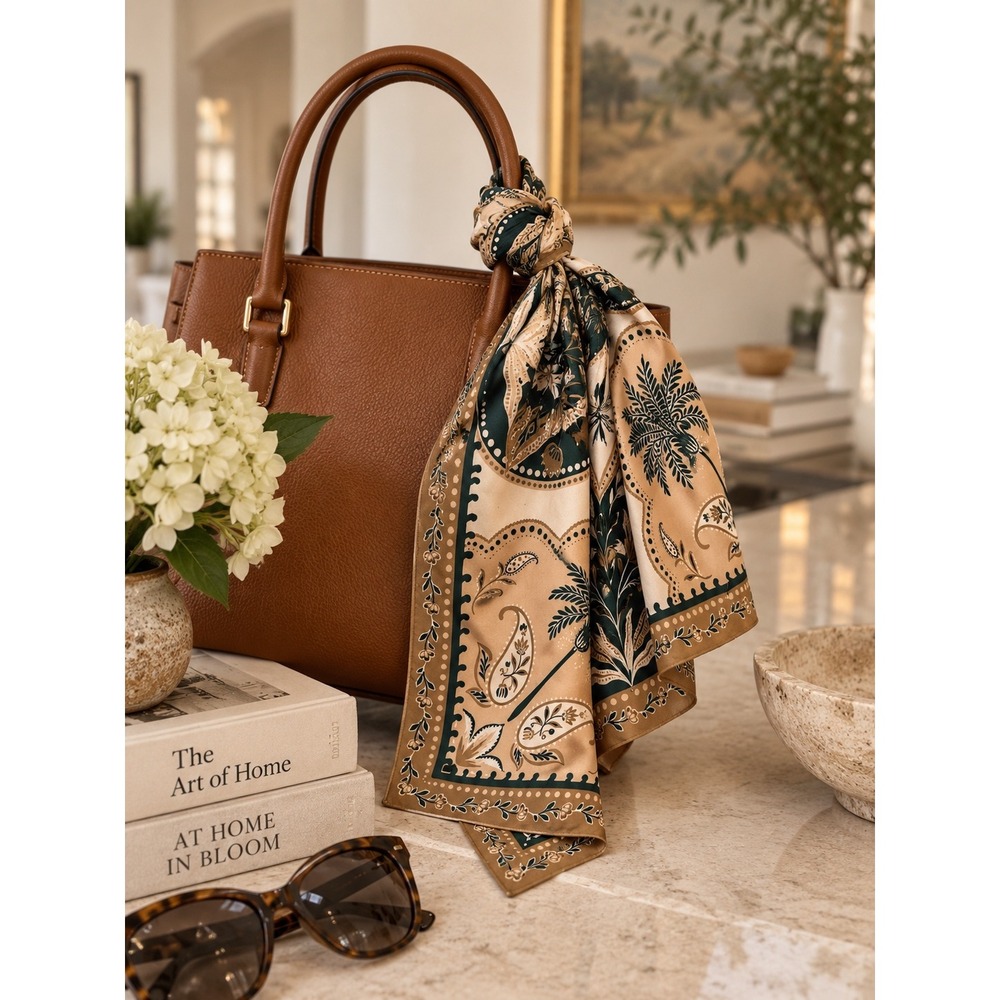 Anthropologie Square Scarf Green Tan Palm Tree Paisley Floral Botanical Print